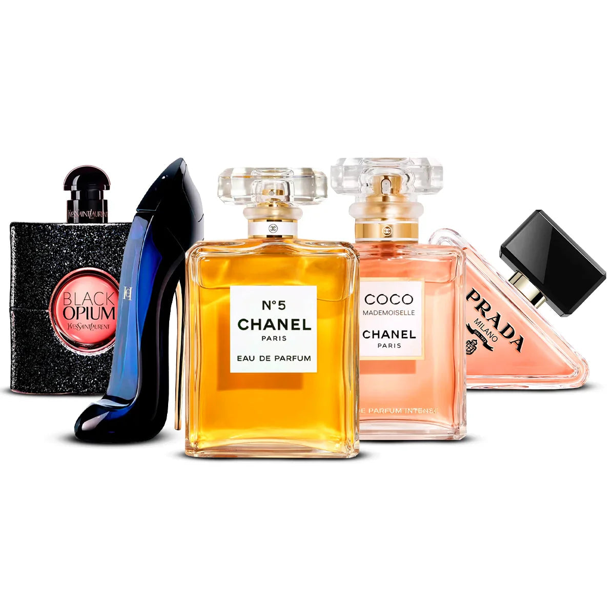 Coffret 5 Parfums Chanel Nº5, Chanel Coco Mademoiselle, Yves Saint Laurent Black Opium, Carolina Herrera Good Girl & Prada Paradoxe 5×100 ml