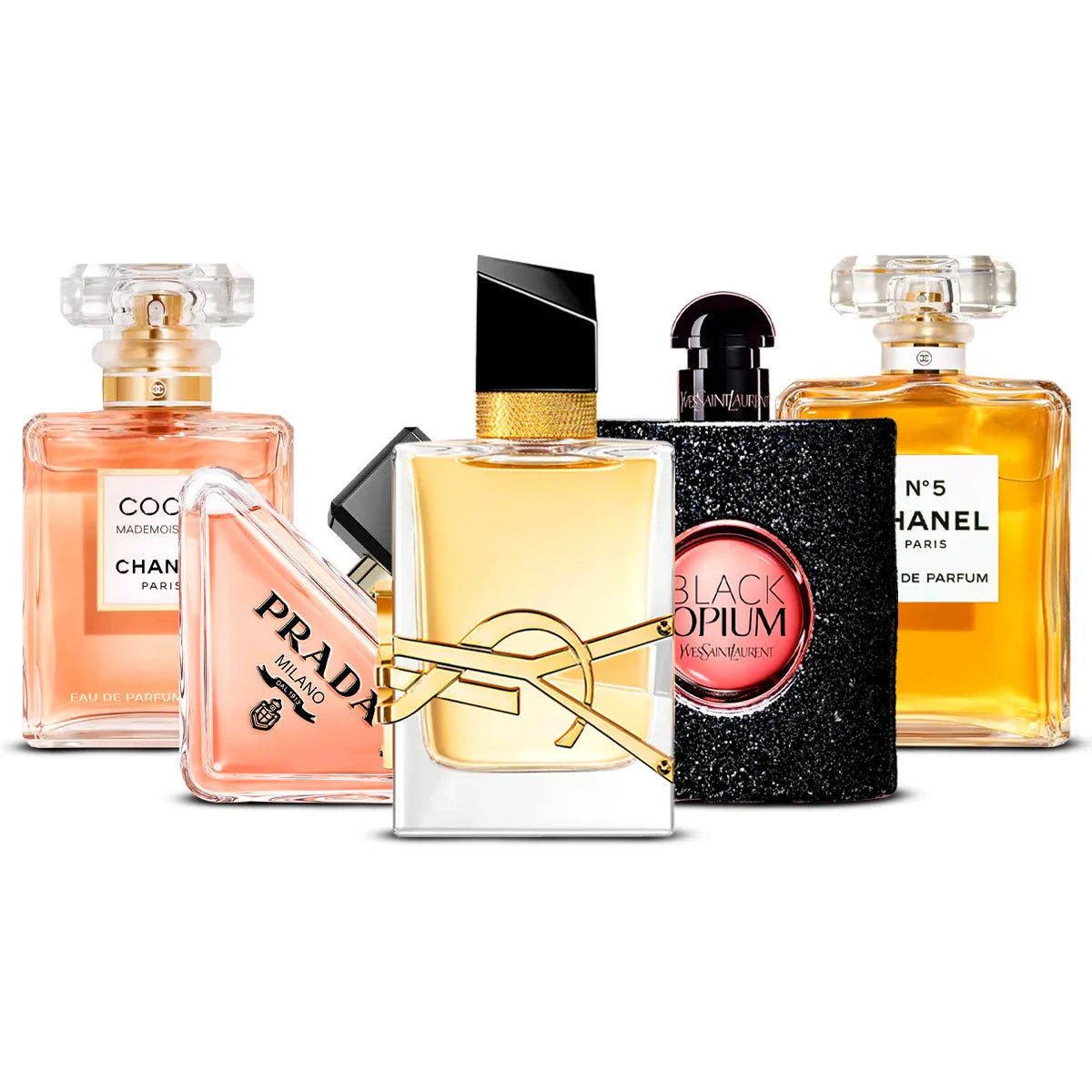 Coffret 5 Parfums Chanel Nº5, Chanel Coco Mademoiselle, YSL Libre, YSL Black Opium & Prada Paradoxe 5×100 ml