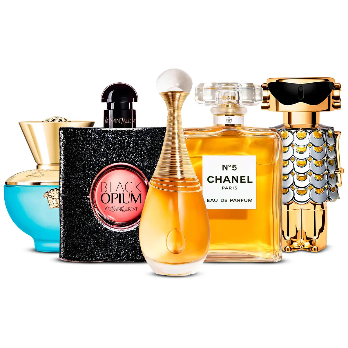 Coffret 5 Parfums Versace Dylan Turquoise, Yves Saint Laurent Black Opium, Dior J’adore, Chanel Nº5 & Rabanne Fame 5×100 ml