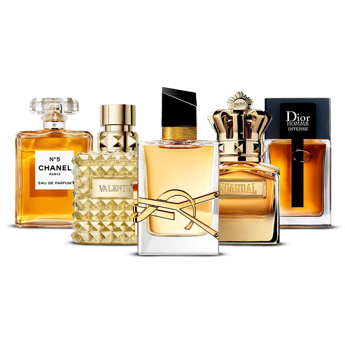 Coffret 5 Parfums Chanel Nº5, Valentino Donna Born in Roma Yellow Dream, Yves Saint Laurent Libre, Jean Paul Gaultier Scandal & Dior Homme Intense 5×100 ml