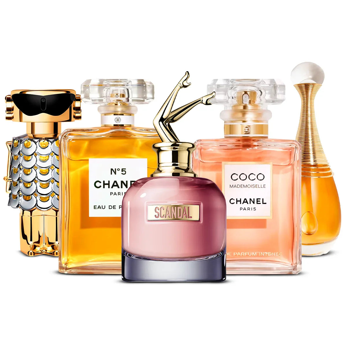 Coffret 5 Parfums Rabanne Fame, Chanel Nº5, Jean Paul Gaultier Scandal, Chanel Coco Mademoiselle & Dior J’adore 5×100 ml