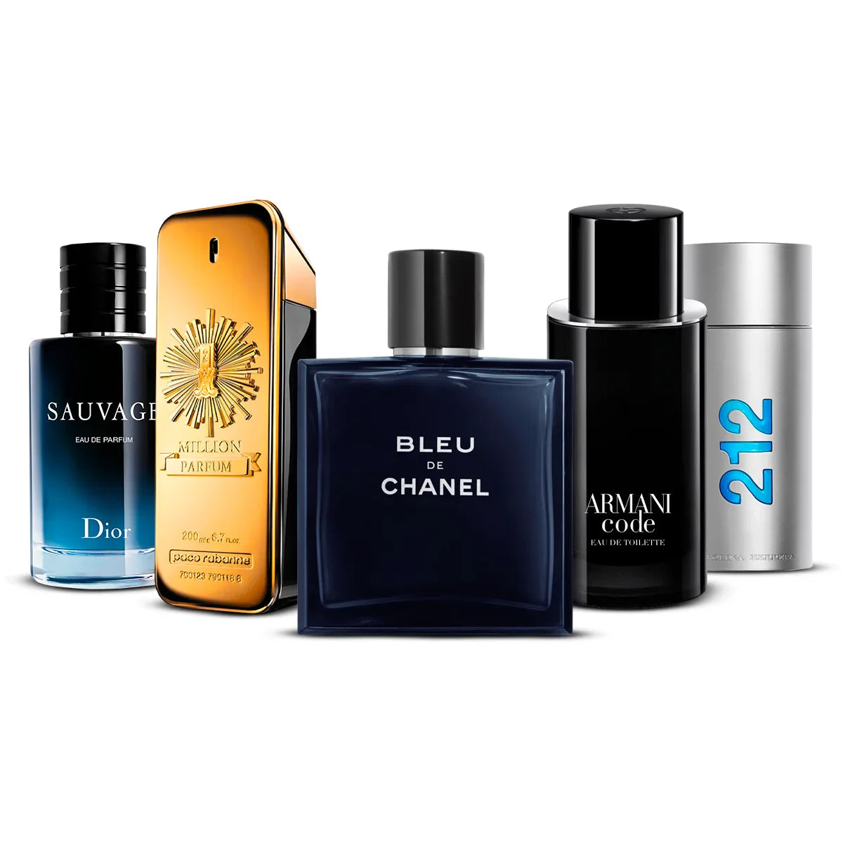 Coffret 5 Parfums Dior Sauvage, Paco Rabanne 1 Million Parfum, Chanel Bleu de Chanel, Armani Code & Carolina Herrera 212 Men 5×100 ml