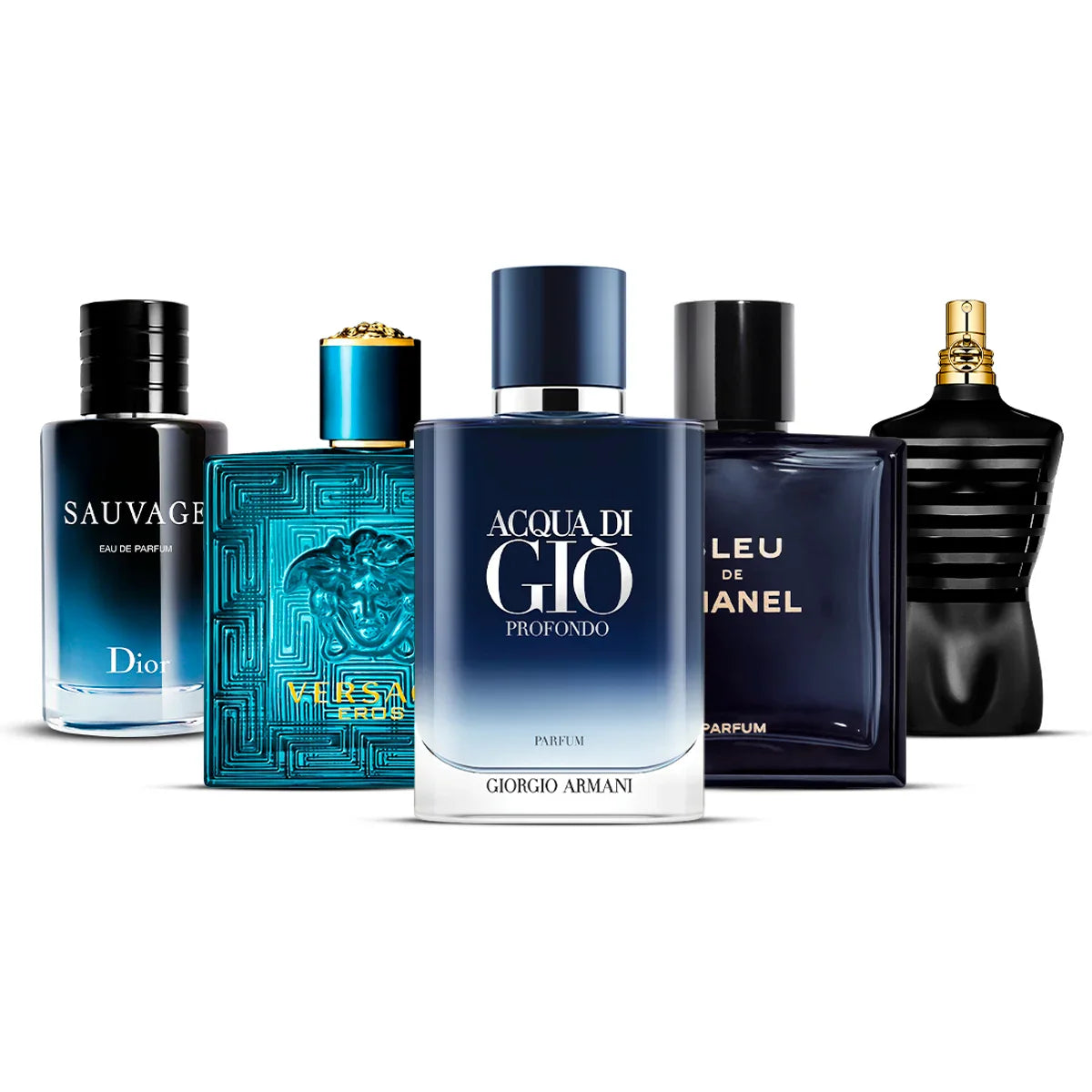 Coffret 5 Parfums Dior Sauvage, Versace Eros, Giorgio Armani Acqua di Giò Profondo, Chanel Bleu de Chanel & Jean Paul Gaultier Le Male 5×100 ml