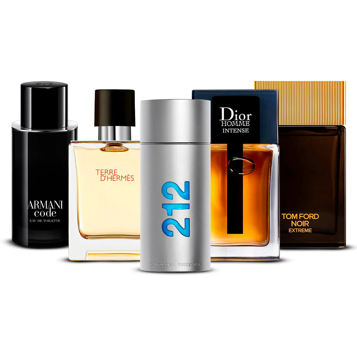 Coffret 5 Parfums Armani Code, Hermès Terre d’Hermès, Carolina Herrera 212 Men, Dior Homme Intense & Tom Ford Noir Extreme 5×100 ml